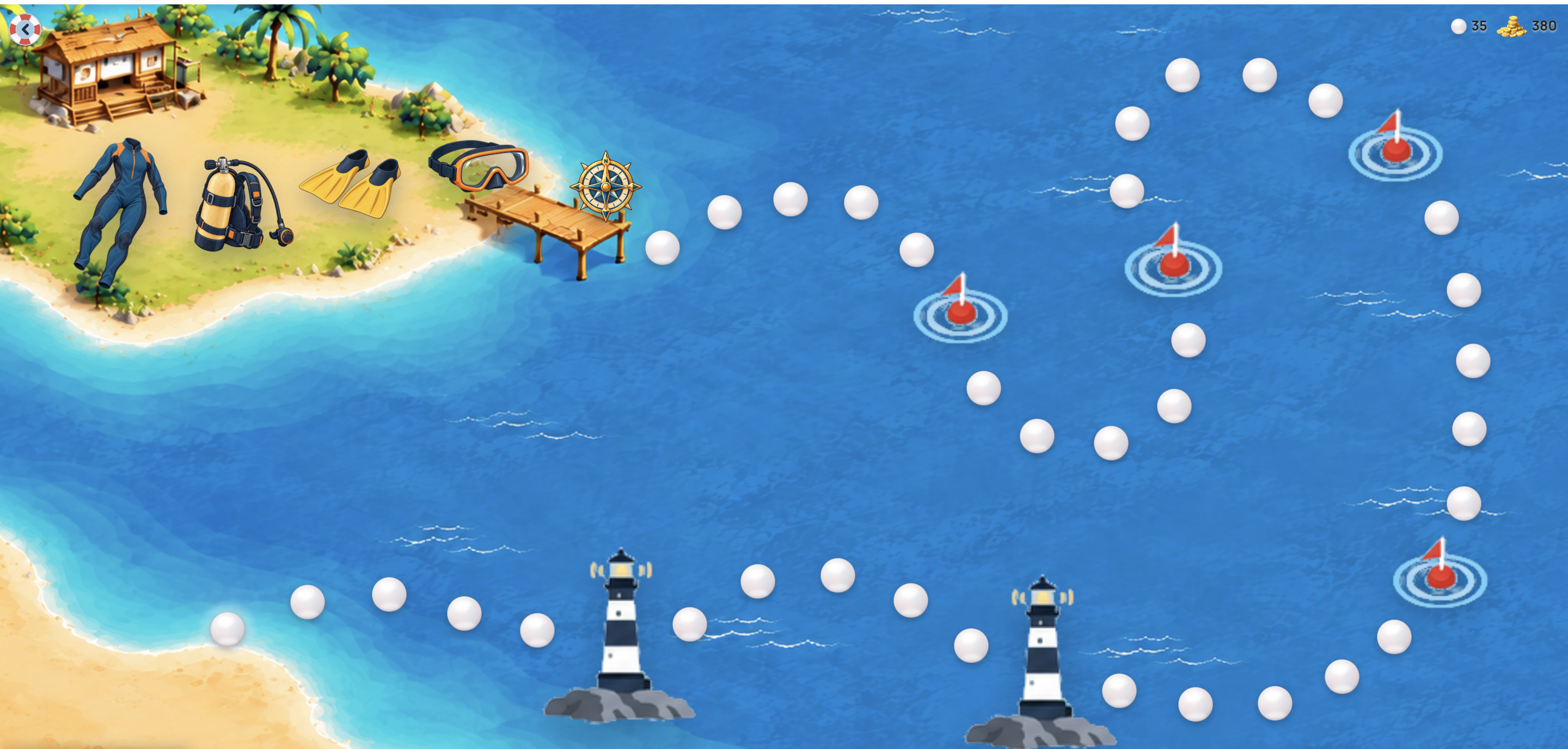 Lernpfad im Online-Tool für jüngere Kinder: eine Insel mit Tauchausrüstung und ein Weg aus Perlen im Meer.